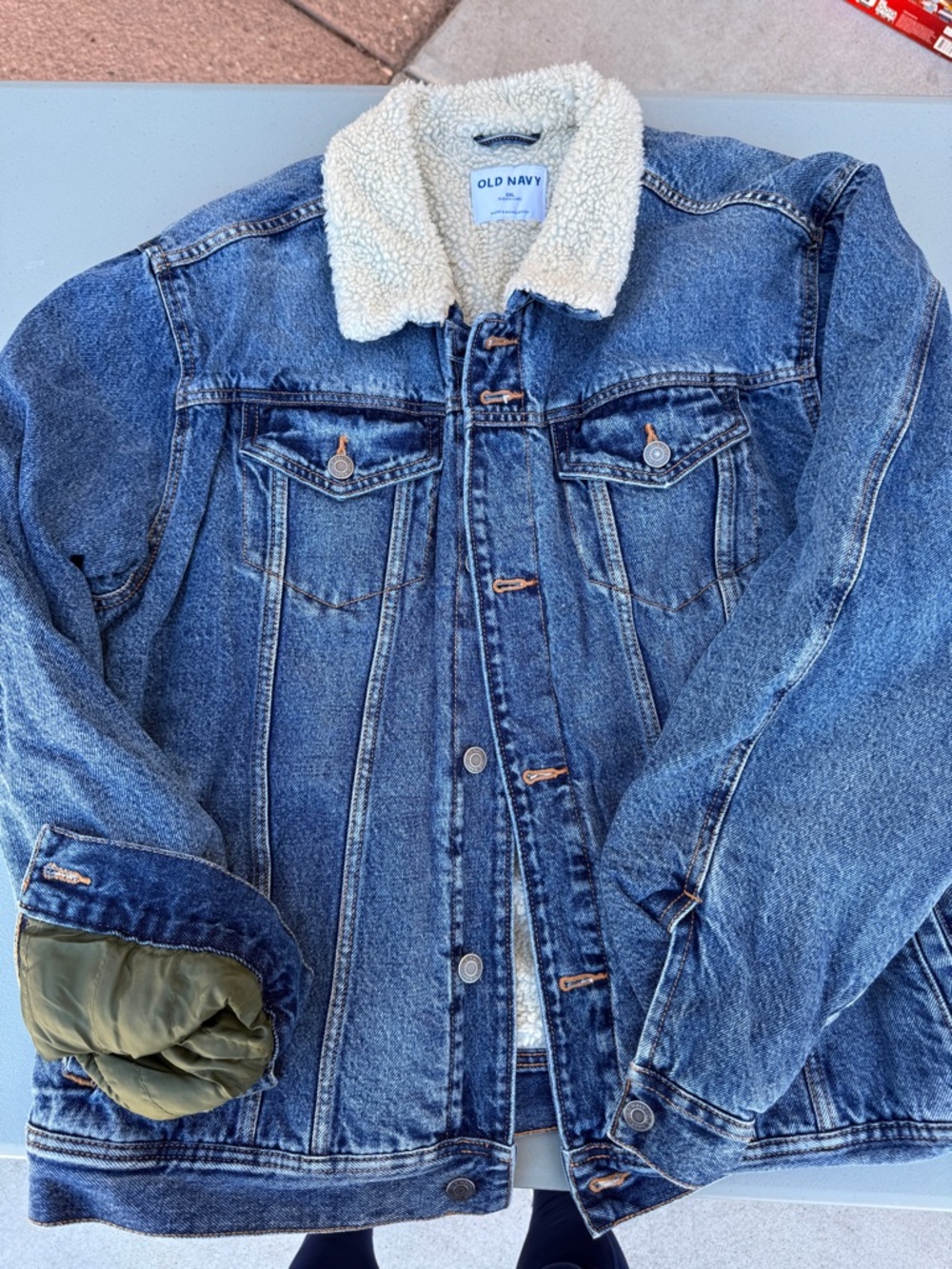 Old Navy Blue Denim Sherpa-Lined Jacket with Cream Collar